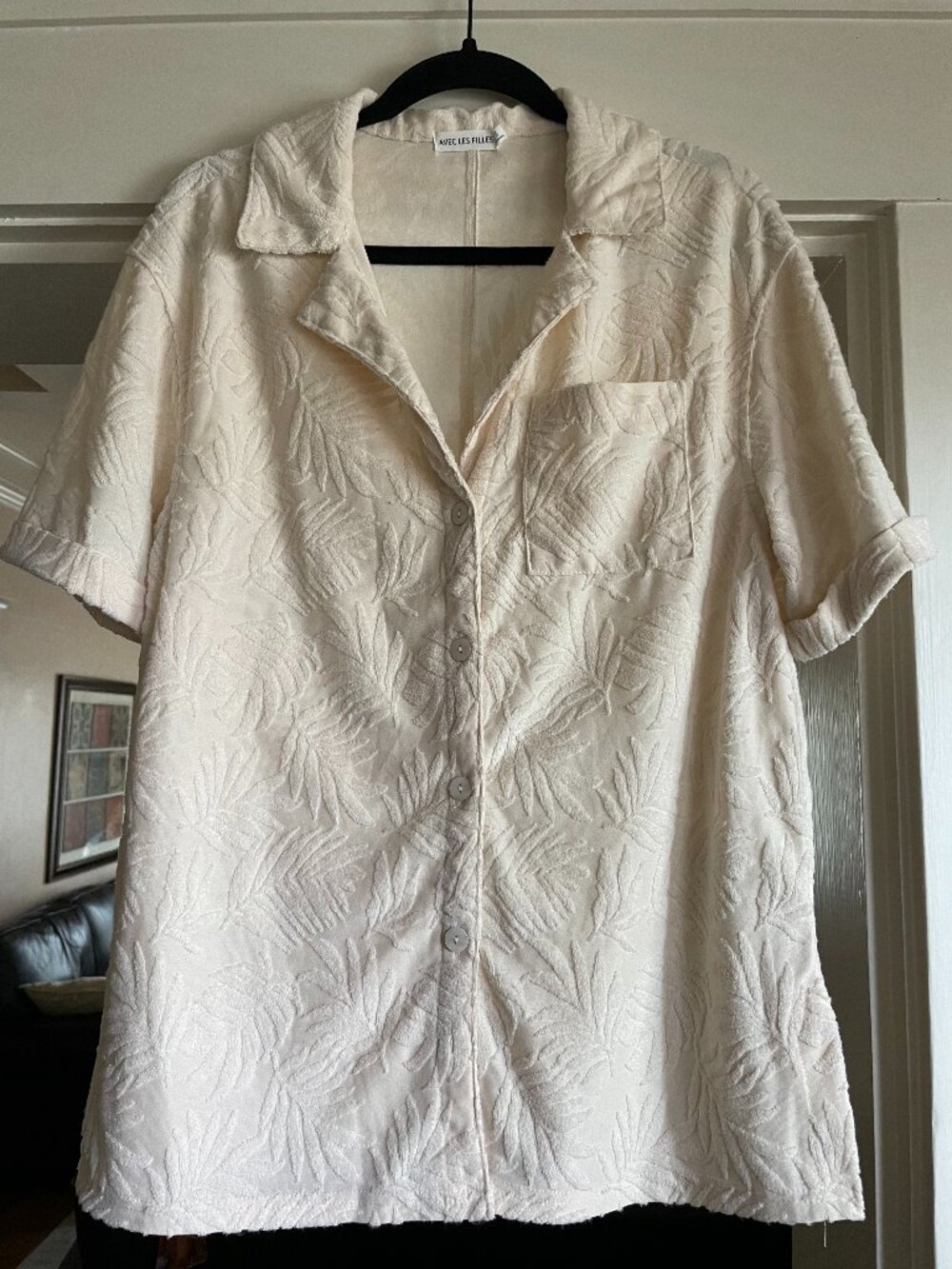 Avec Les Filles White Palm Jacquard Camp Shirt oversized relaxed fit - S